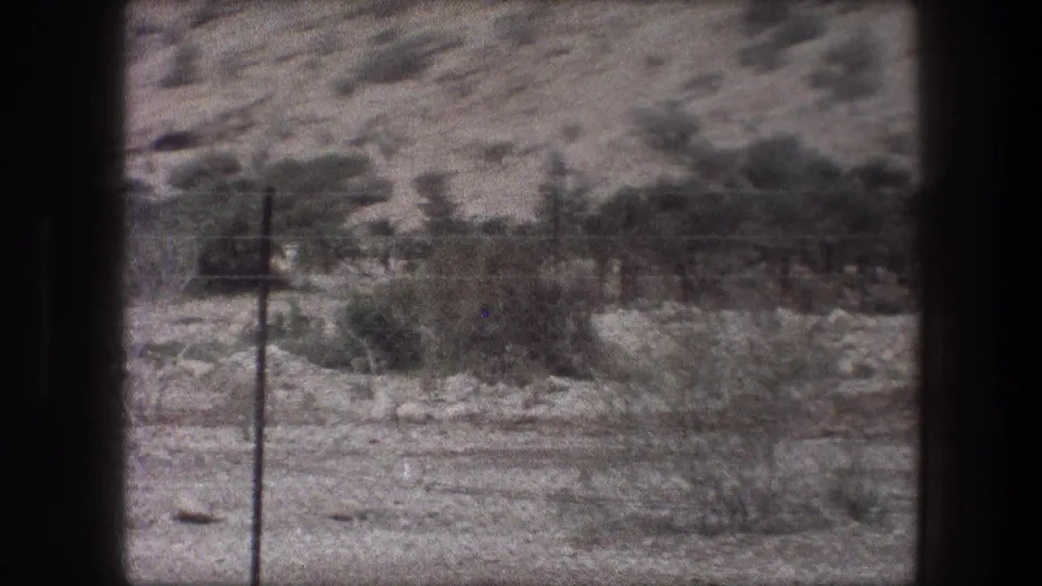 1976 Bethlehem exterior view of scrub, stones, fencing, and utility-like posts seen from behind a dark window edge.