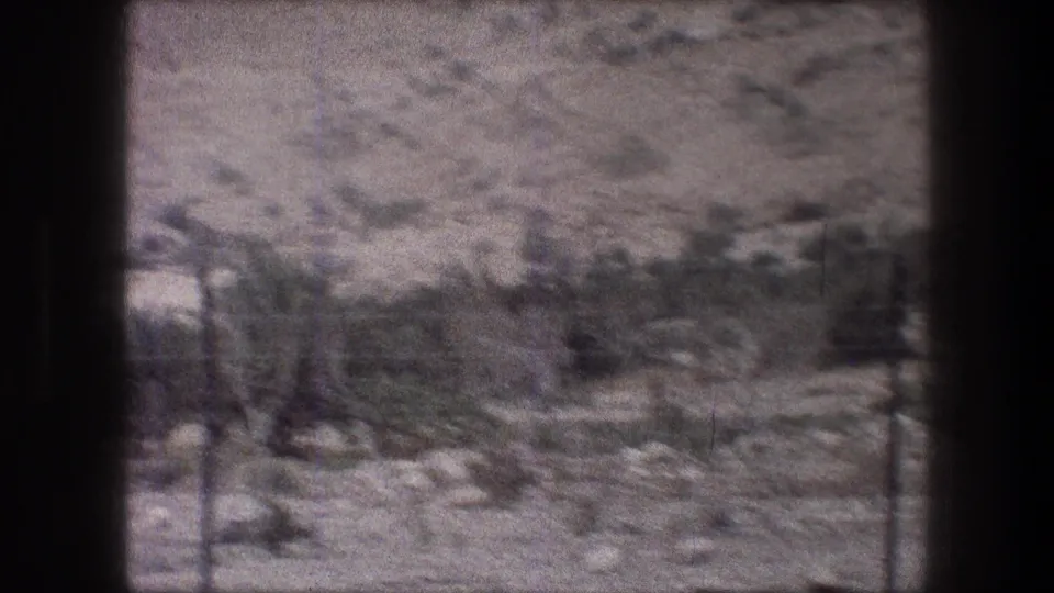 1976 Bethlehem frame with an empty pale road or path, scrubby rocks, fence posts, and a heavy dark window divider.