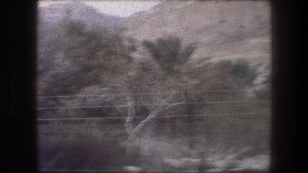 Blurred arid hillside with scrub, power lines, and dark 8mm frame borders.