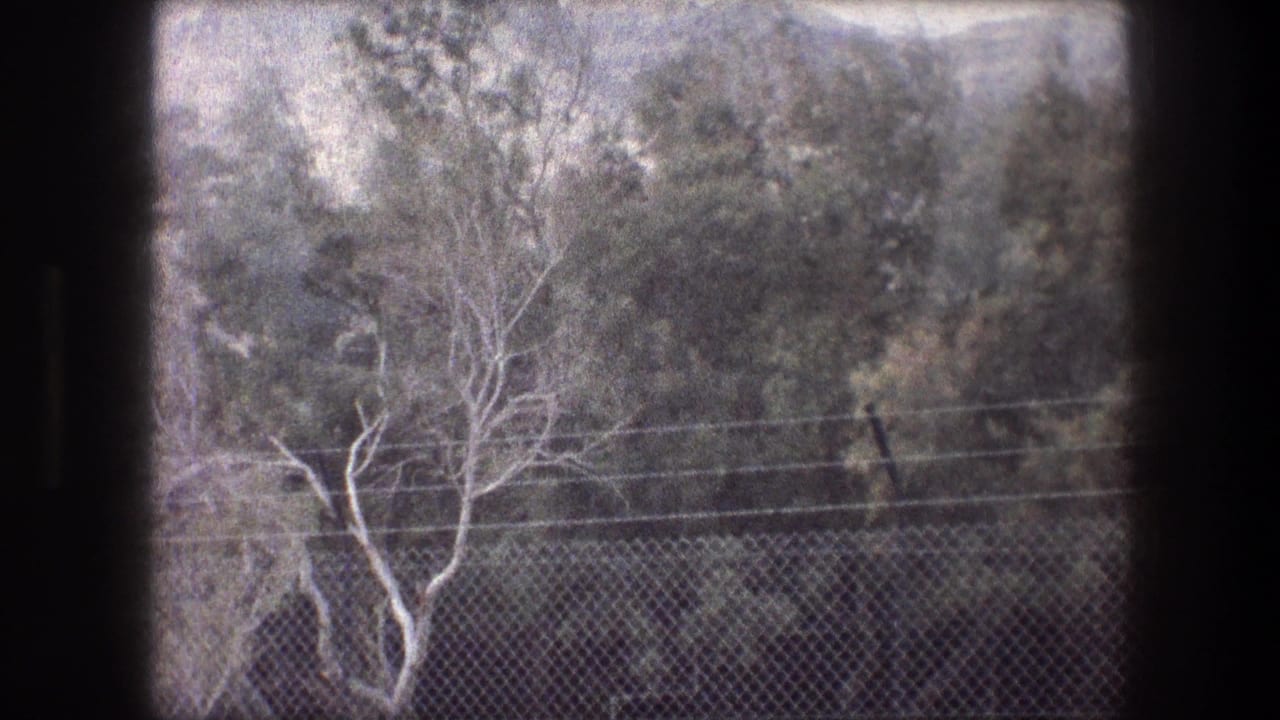Chain-link fence, power lines, trees, and rocky hillside in a rural landscape.