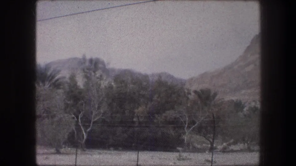 1976 8mm frame near Bethlehem showing trees and palms before hazy tan hills, with dry ground and dark projector-style borders.
