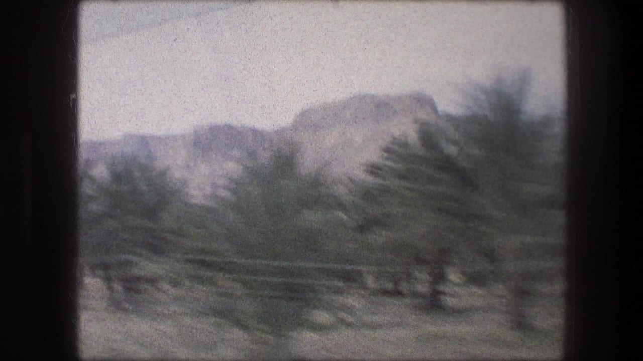 1976 Bethlehem travel frame with a palm grove, sparse roadside ground, and rocky hills beyond.