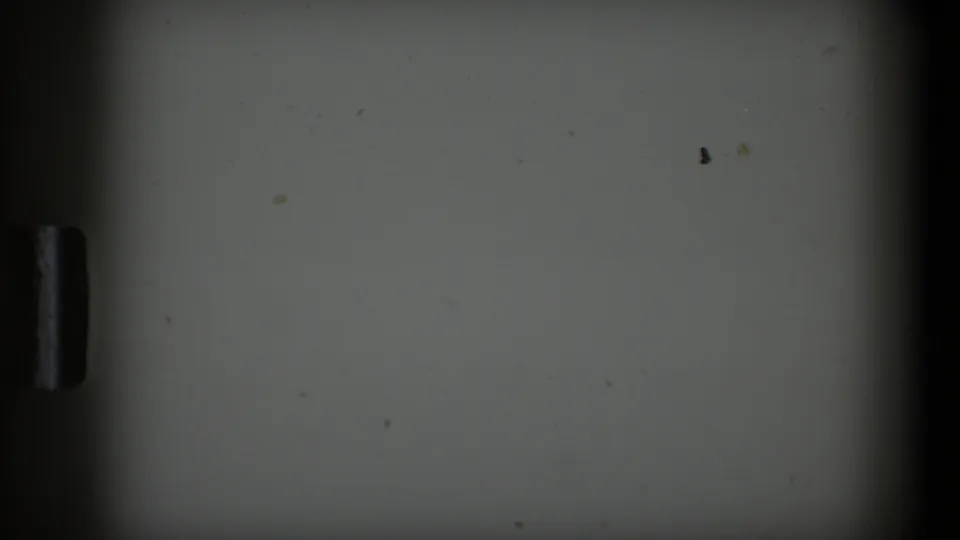 Indistinct 8mm frame from the Jerusalem clip showing a pale field, dark frame borders, and a small vertical form with no clear subject.