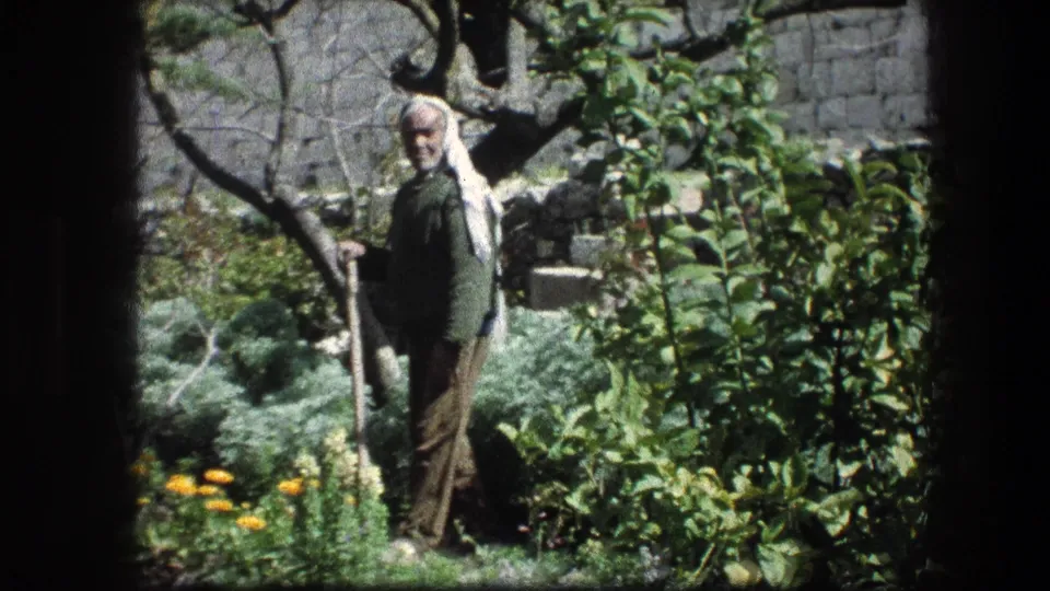 Final 1976 Garden Tomb frame showing the elderly man looking toward the camera beside shrubs, yellow flowers, and a stone wall.