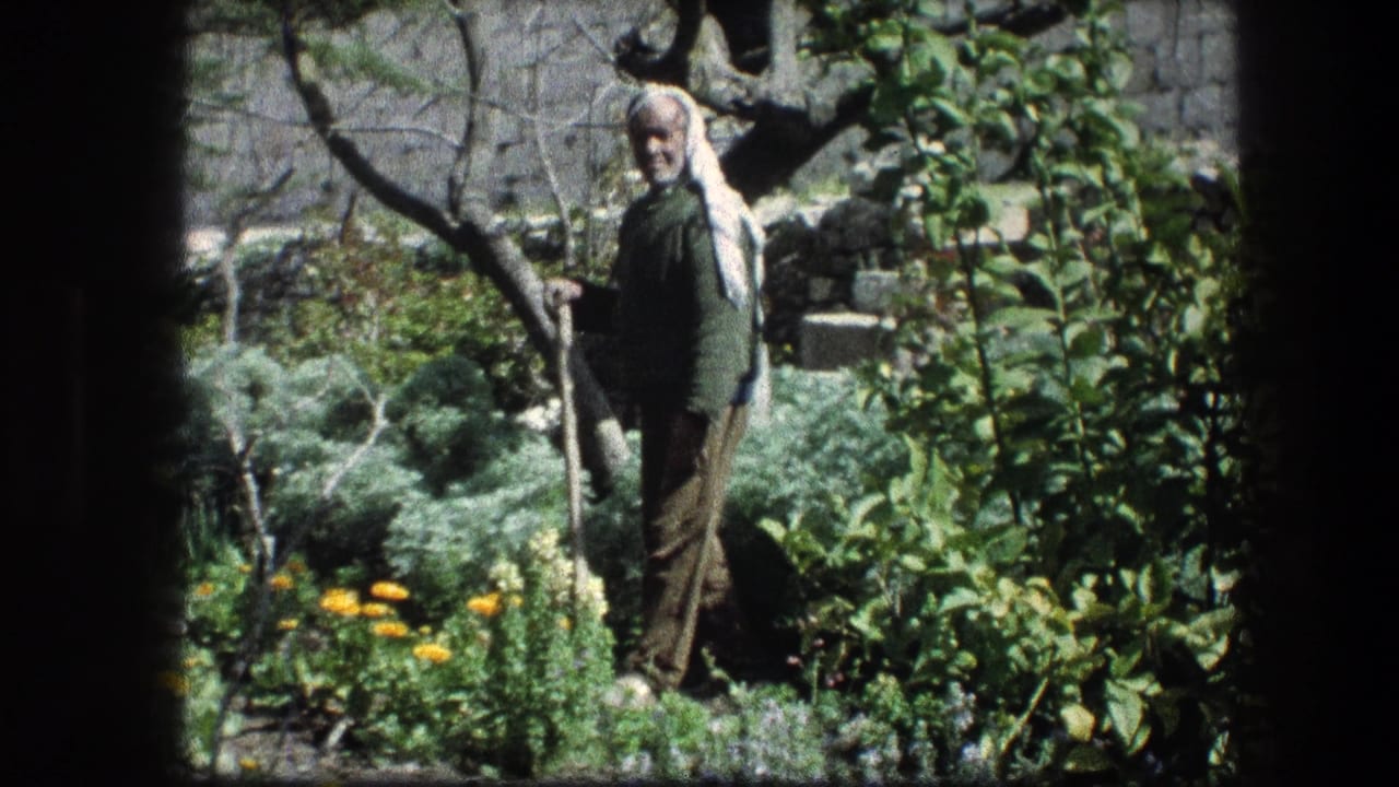 Man with long white hair standing in a green garden holding a walking stick.