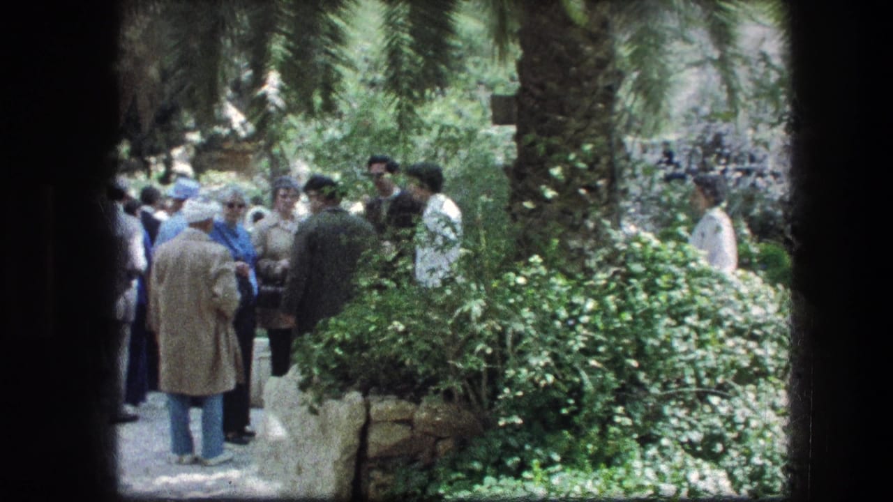 Adults gathered on a garden path among shrubs and palm trees.