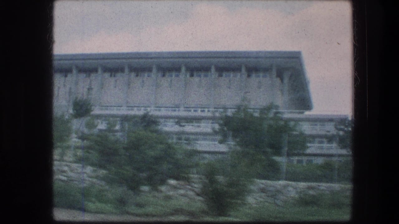 Large angular building seen through trees and landscaping from a moving vehicle.
