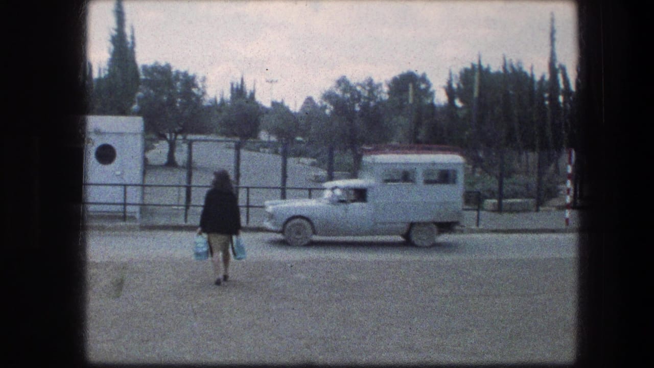 Near the Garden Tomb in Jerusalem, a woman carrying bags walks across the roadside as a light-colored vintage truck moves into view.