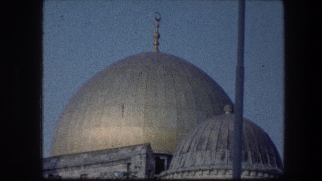 Gold dome and smaller domed roof seen through dark vertical frame divisions.