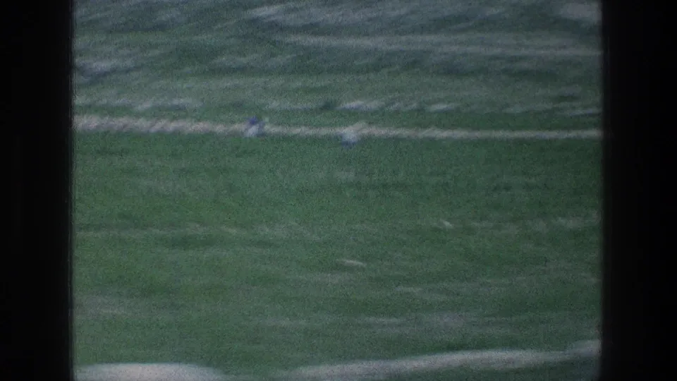 8mm frame dominated by a green field, pale winding paths or tracks, and a dark vertical contact-sheet divider.