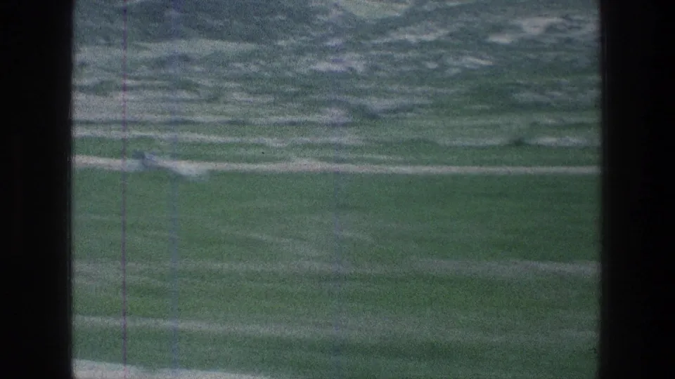 Final 8mm frame showing green open ground with pale track lines and light scratches from the physical film scan.