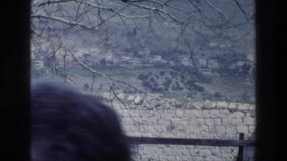 1976 Israel home-movie frame with bare branches, a low stone wall, hillside terrain, and distant buildings.