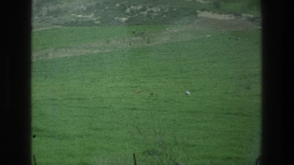 1976 8mm travel frame of green grounds near the Jacobs Well Jerusalem Israel reel context, partly blocked by dark vertical bars.