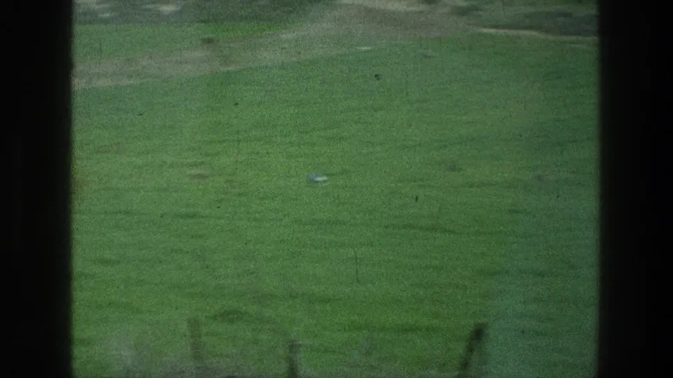 Soft 8mm frame from the metadata-listed Jerusalem location showing grass, fence posts, and a pale ball-like object in a quiet open field.