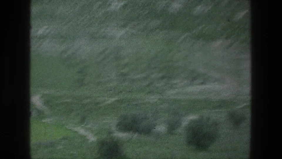 Soft 8mm frame from the Jacobs Well, Jerusalem clip showing green pasture, scattered pale shapes, and dark edge obstructions.