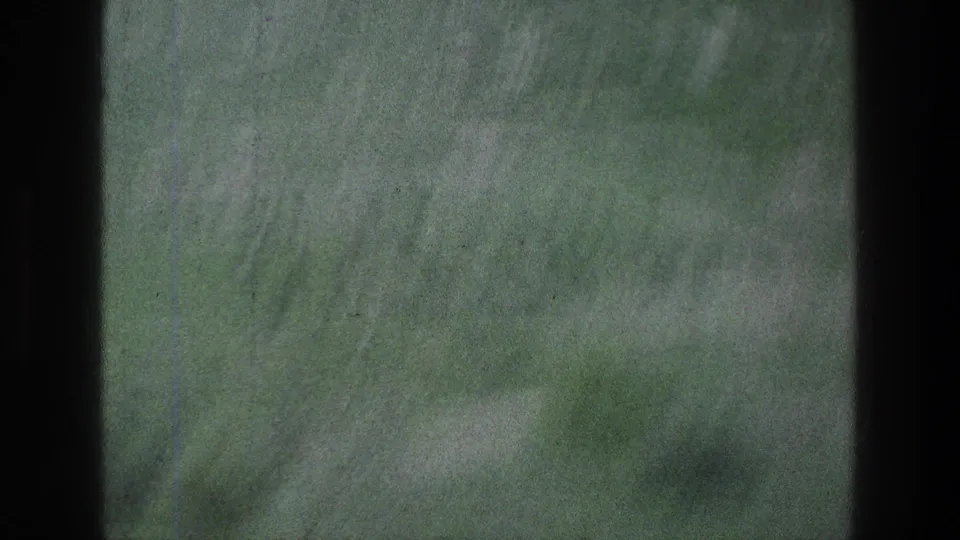 1976 8mm home-movie frame near Jacobs Well, Jerusalem, showing a soft green pasture with indistinct vegetation and archival film texture.