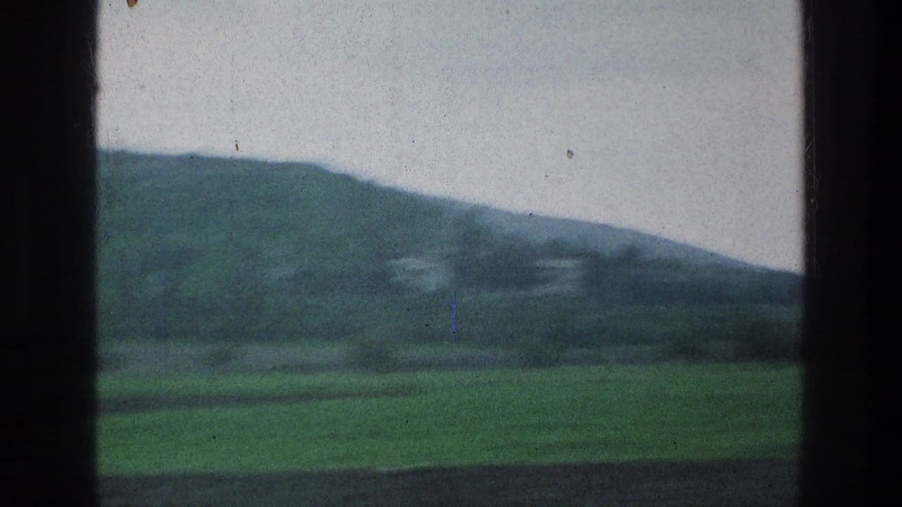 Green fields and distant hills seen through dark vehicle window bars.