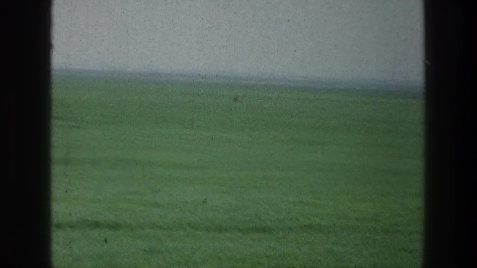 1976 8mm frame showing a green field and distant hazy horizon, with dark vertical bands suggesting foreground framing or camera obstruction.