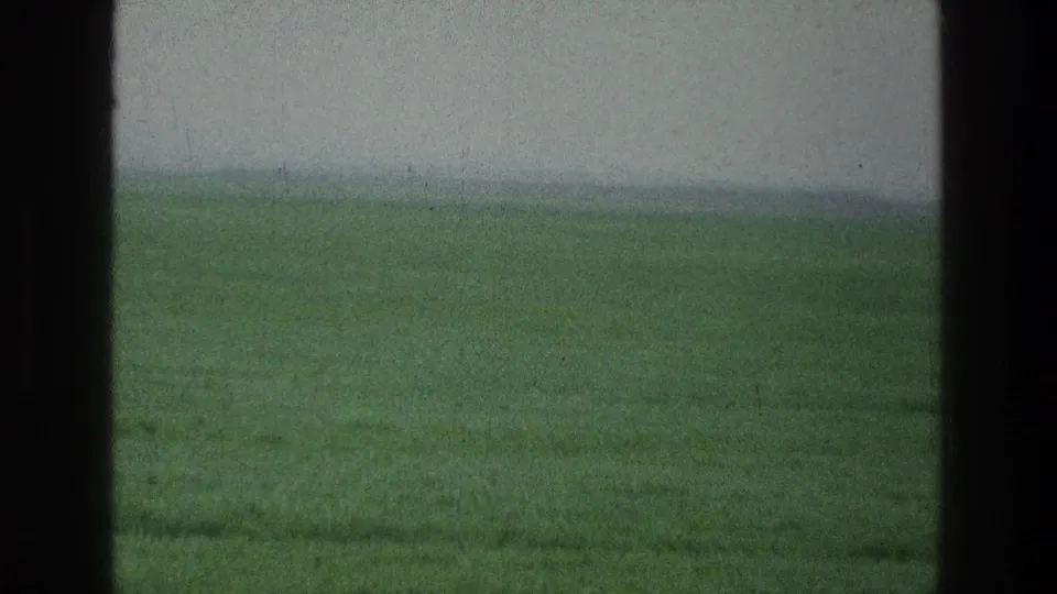 Green agricultural landscape near the stated Jerusalem-area location, divided by a dark vertical window bar.