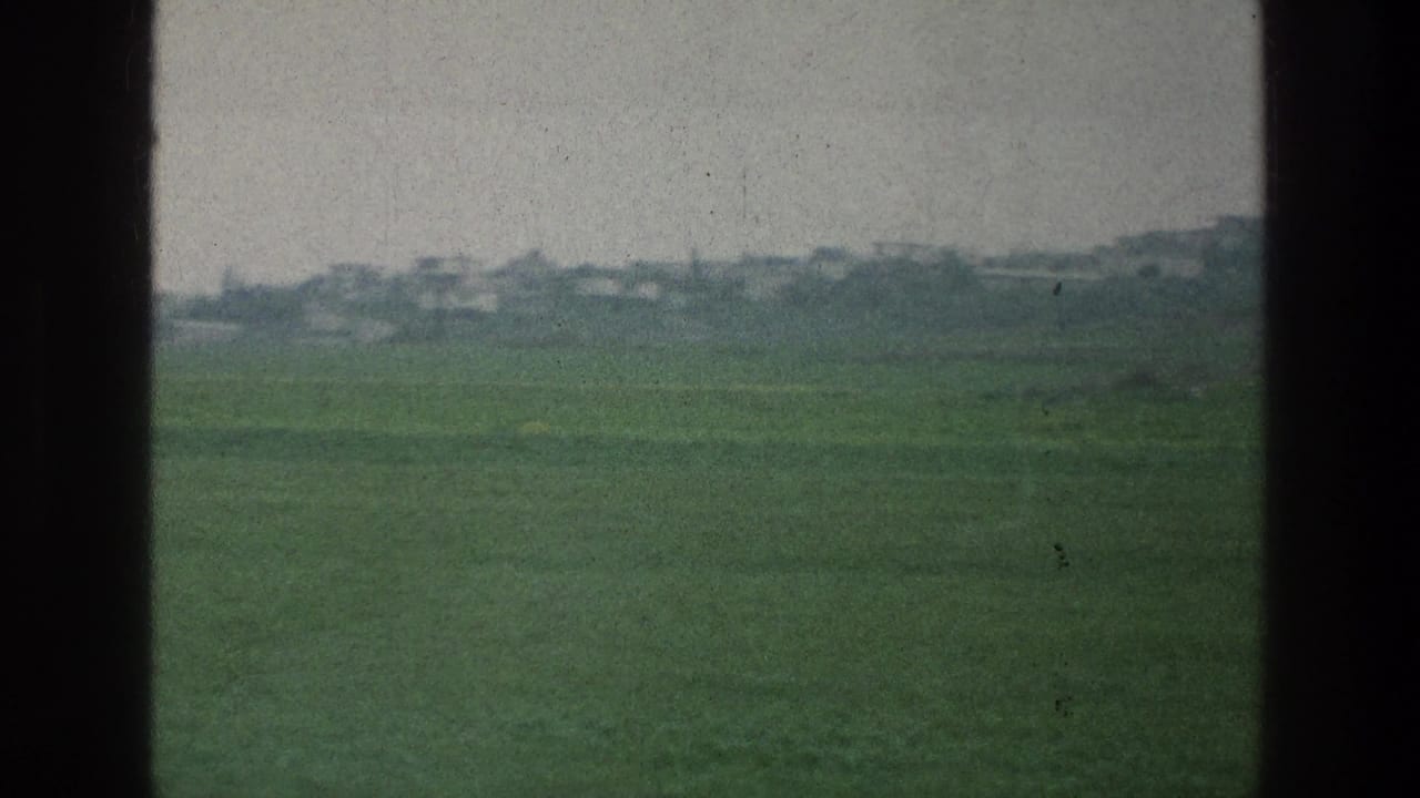 Distant green field and low treeline divided by a dark central bar.