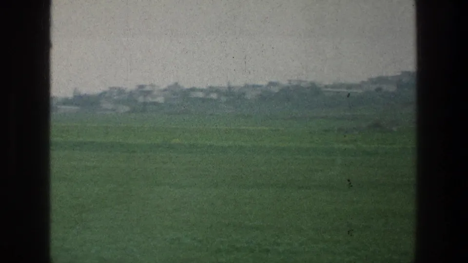 A soft 8mm view across open green ground toward a distant treeline or low buildings, with a dark central frame bar.