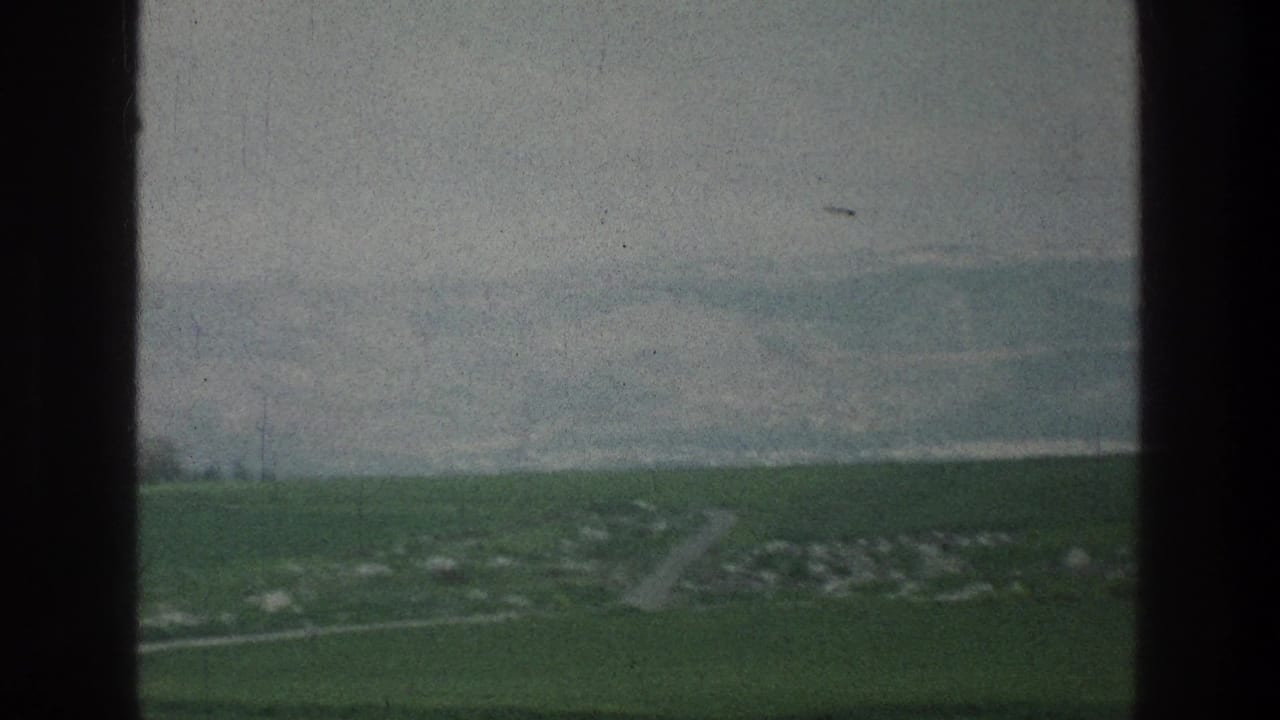 Green rural fields and a pale sky seen through dark vertical window edges.