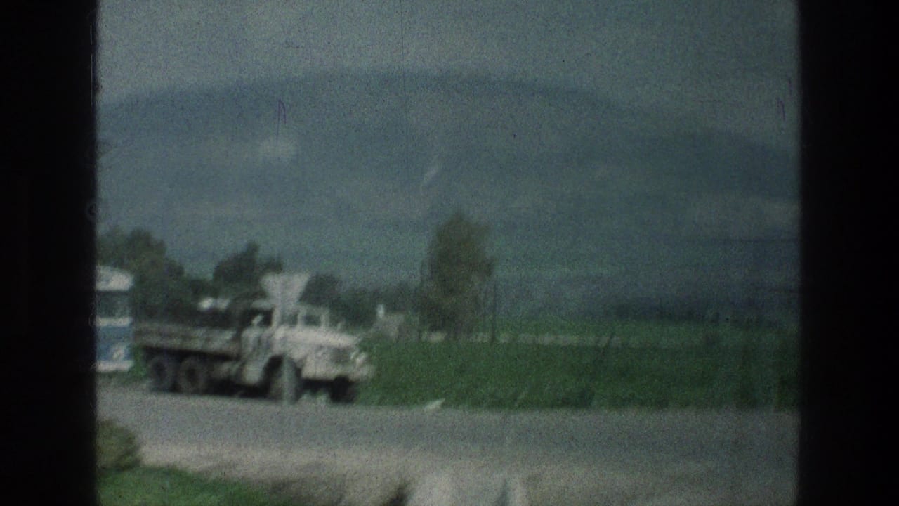 White truck parked by a roadside with green fields and a mountain beyond.