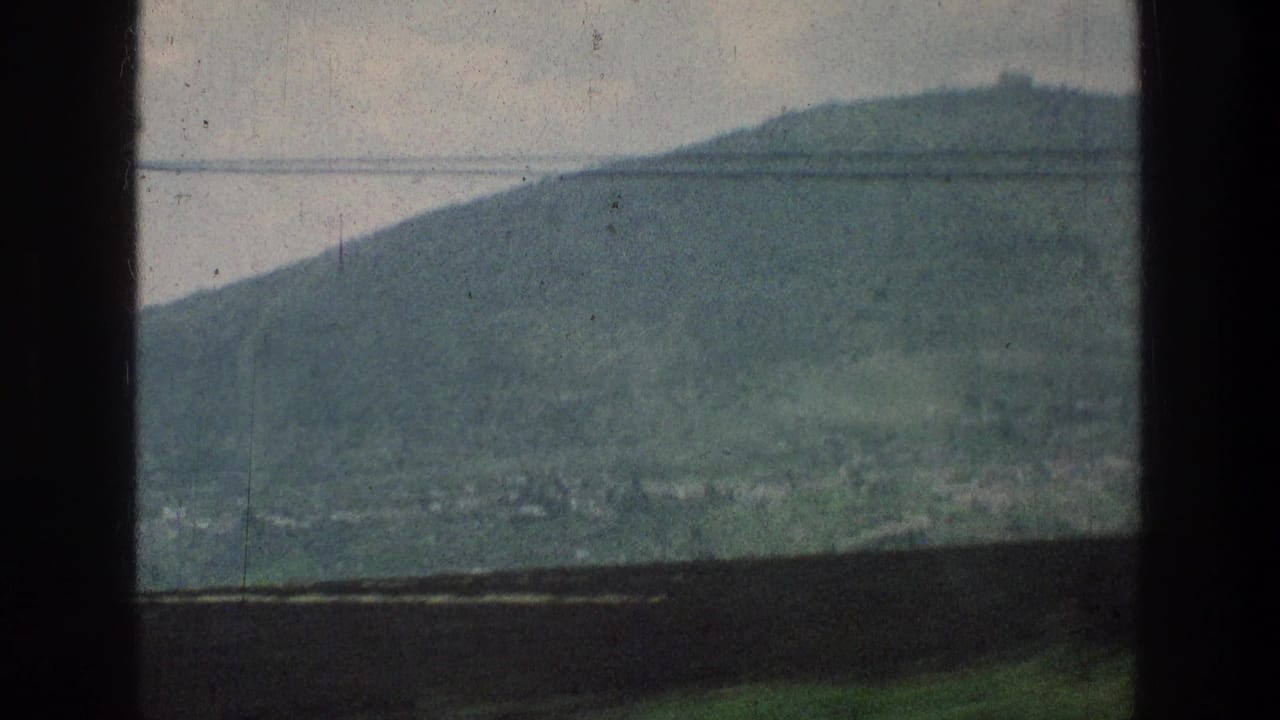 Green hillside and distant buildings seen through dark vehicle window bars.