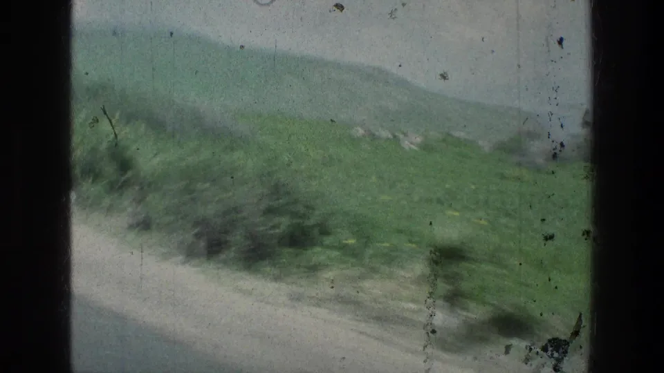 Motion-blurred 1976 8mm frame shows roadside greenery, a green slope, pale sky, and film dust during a passing travel view near Jerusalem.