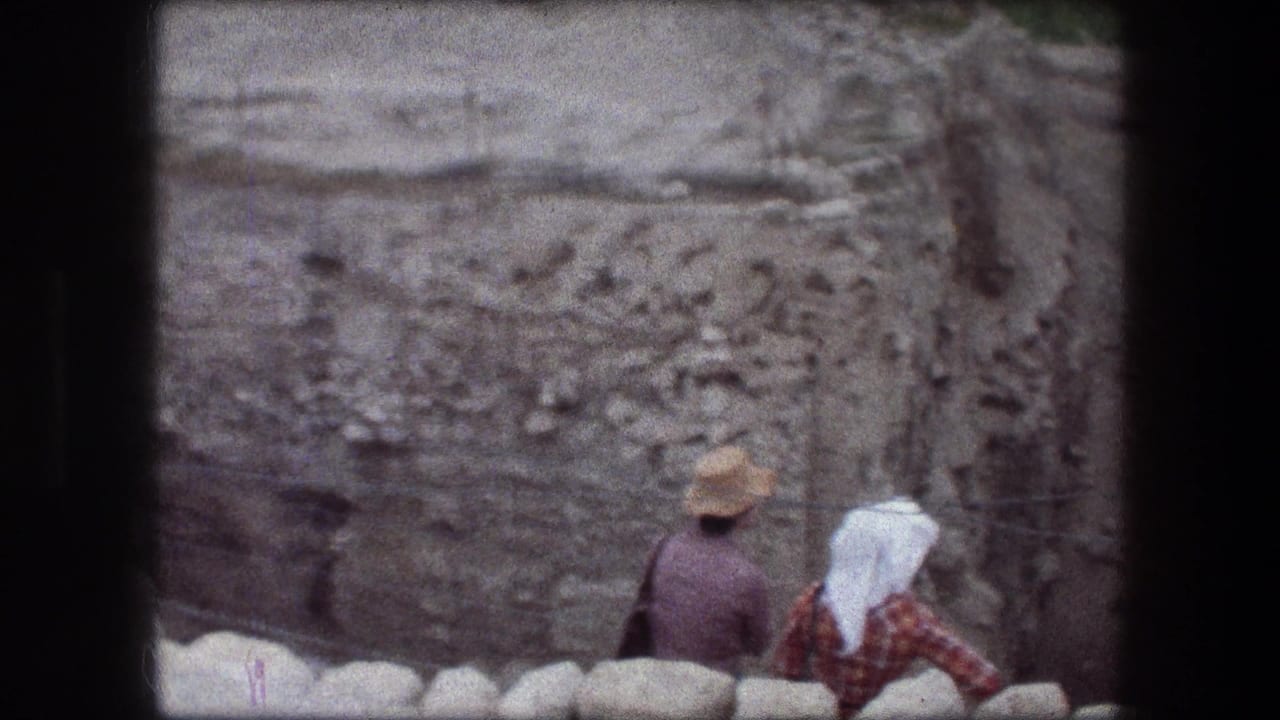 Two visitors look over a low stone edge into an excavation.