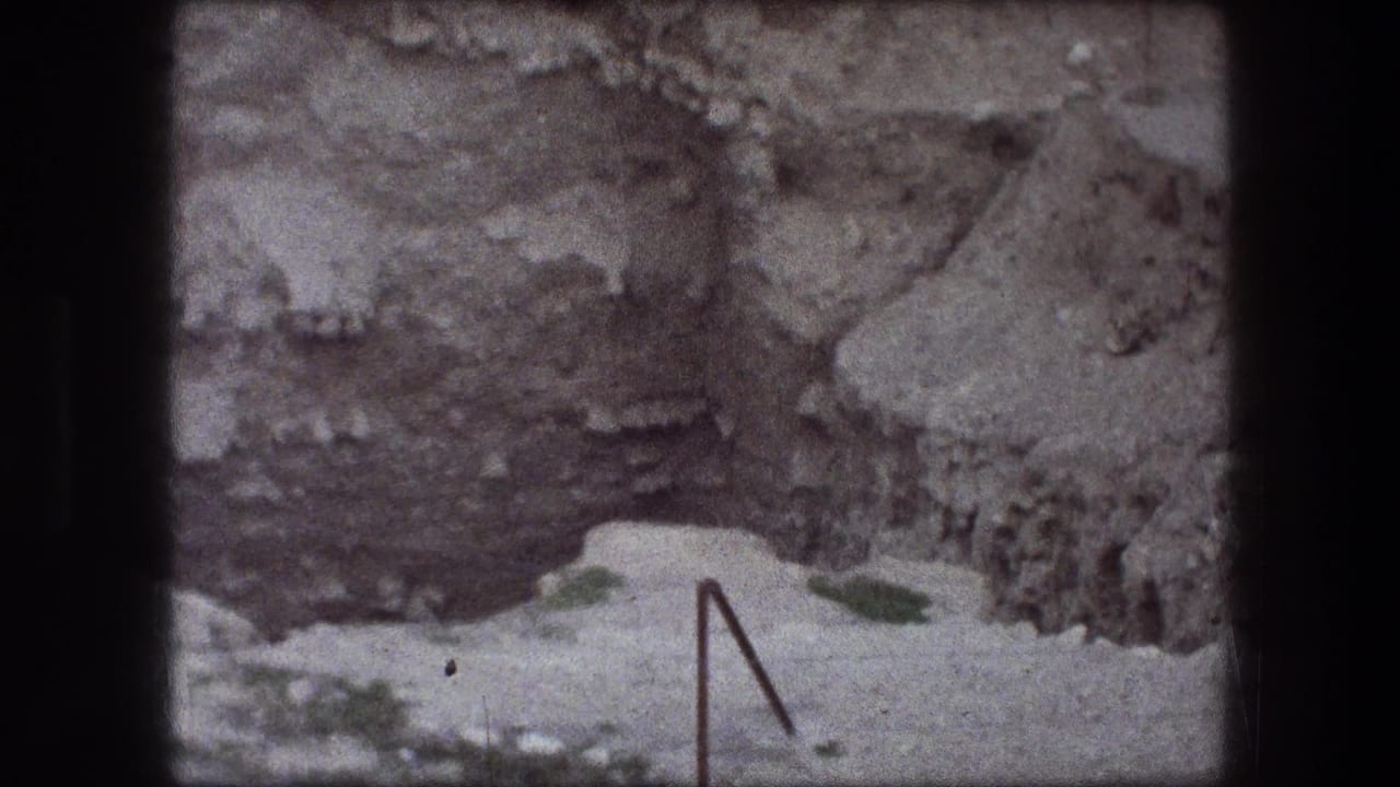 Rocky cut earth and pale gravel with a thin metal stake near the foreground.