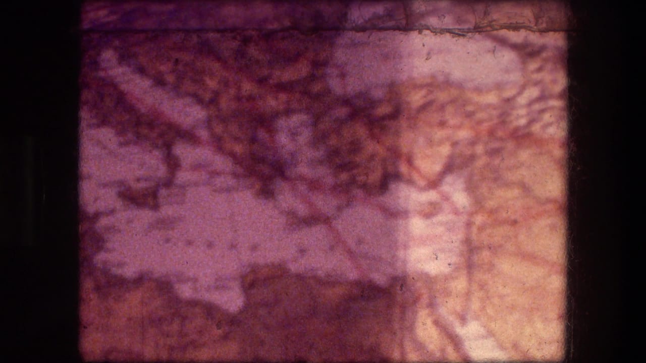 Faded magenta map-like detail with branching lines and dark film borders.