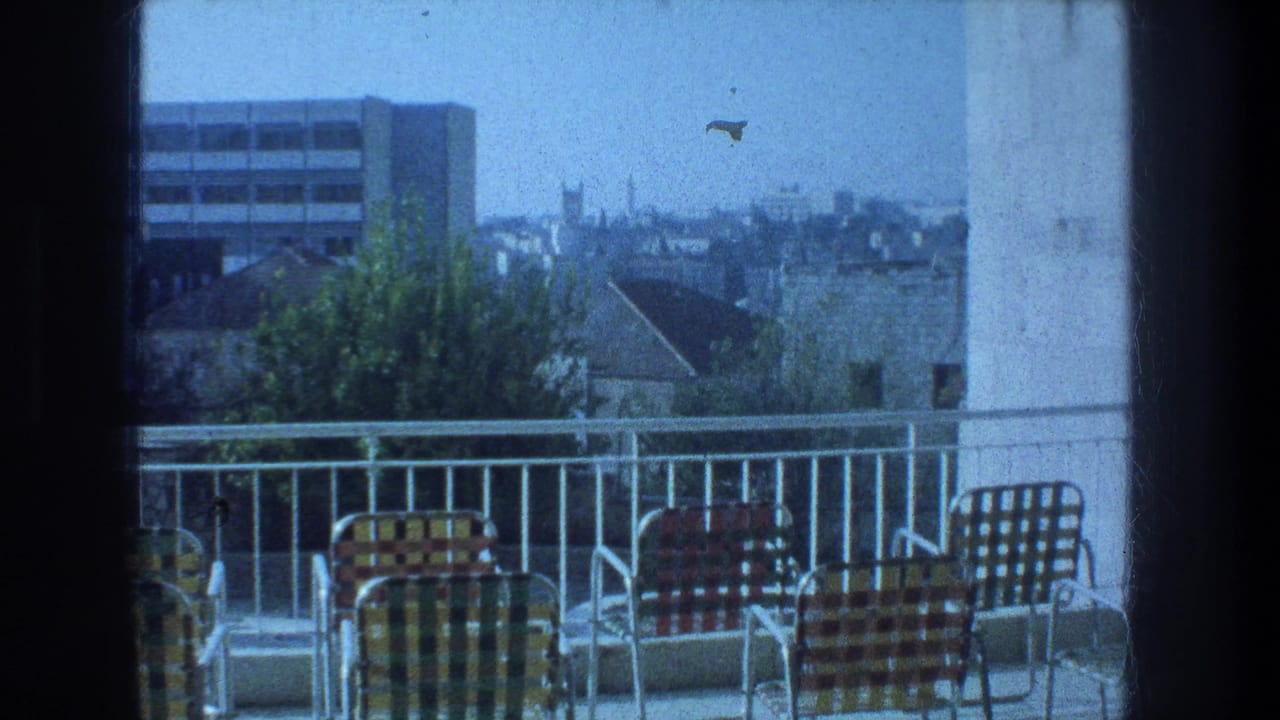 Jerusalem rooftop balcony scene with colorful checkered chairs, a white rail, trees, and distant urban buildings on 8mm film.