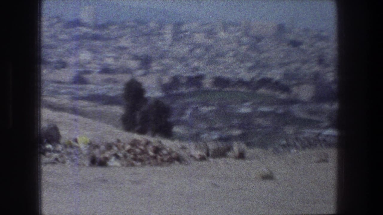 1976 Jerusalem city view through a moving vehicle window, with clustered hillside buildings, trees, and soft 8mm grain.
