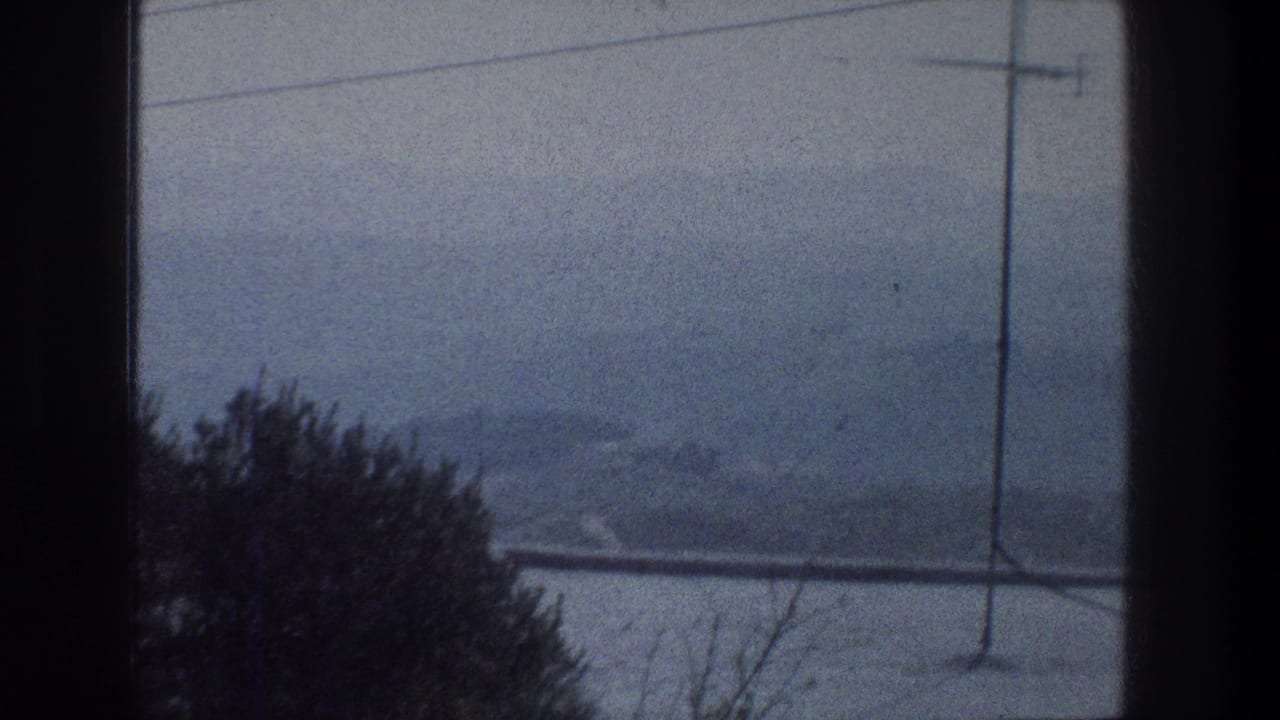 1976 Jerusalem home-movie frame looking through a window toward a hazy hillside, rooftop antenna, wires, and bare branches.