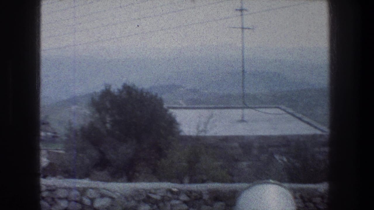 1976 Jerusalem exterior view from above, framed by dark vertical edges, with a tree, stone wall, flat rooftop, utility pole, wires, and hazy hills.