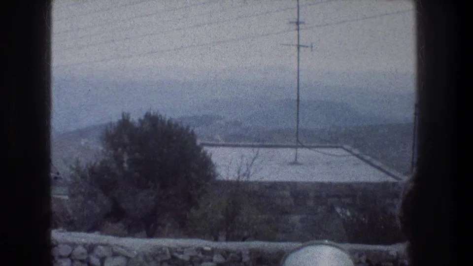 A 1976 Jerusalem view from behind a window divider shows a rooftop, utility pole, trees, and soft distant hills.