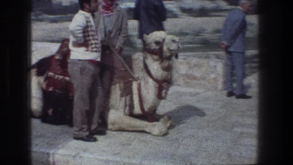 In Jerusalem, a man in brown pants stands near a seated camel while other people gather on a paved outdoor area.