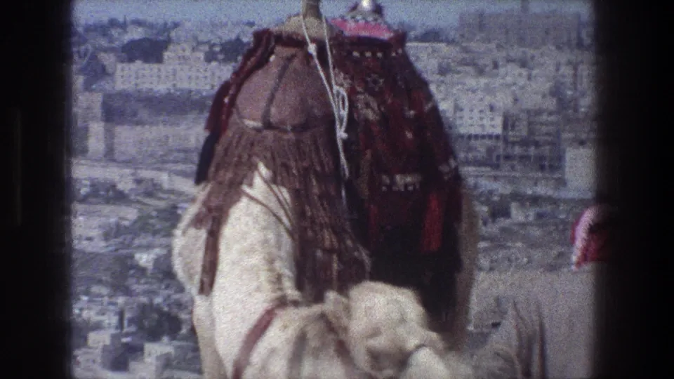 Close 8mm view of a camel and saddle gear overlooking a dense hillside cityscape in Jerusalem, Israel.