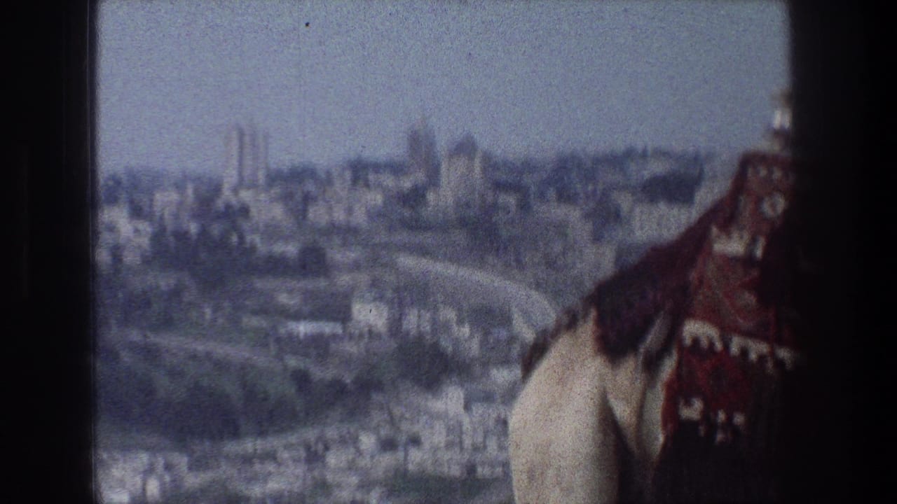 1976 8mm view of Jerusalem with a camel and patterned saddle blanket partly obscuring the distant skyline.