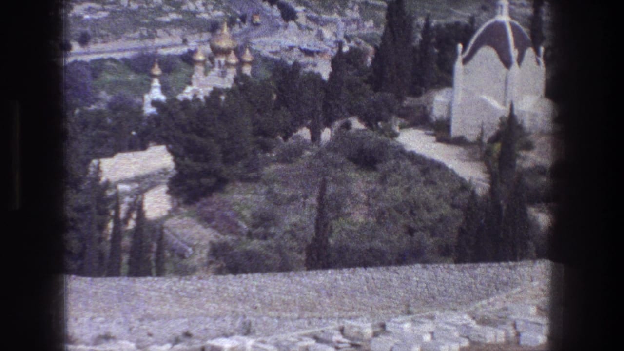 Elevated view over a stone wall toward trees, paths, and distant domed buildings.
