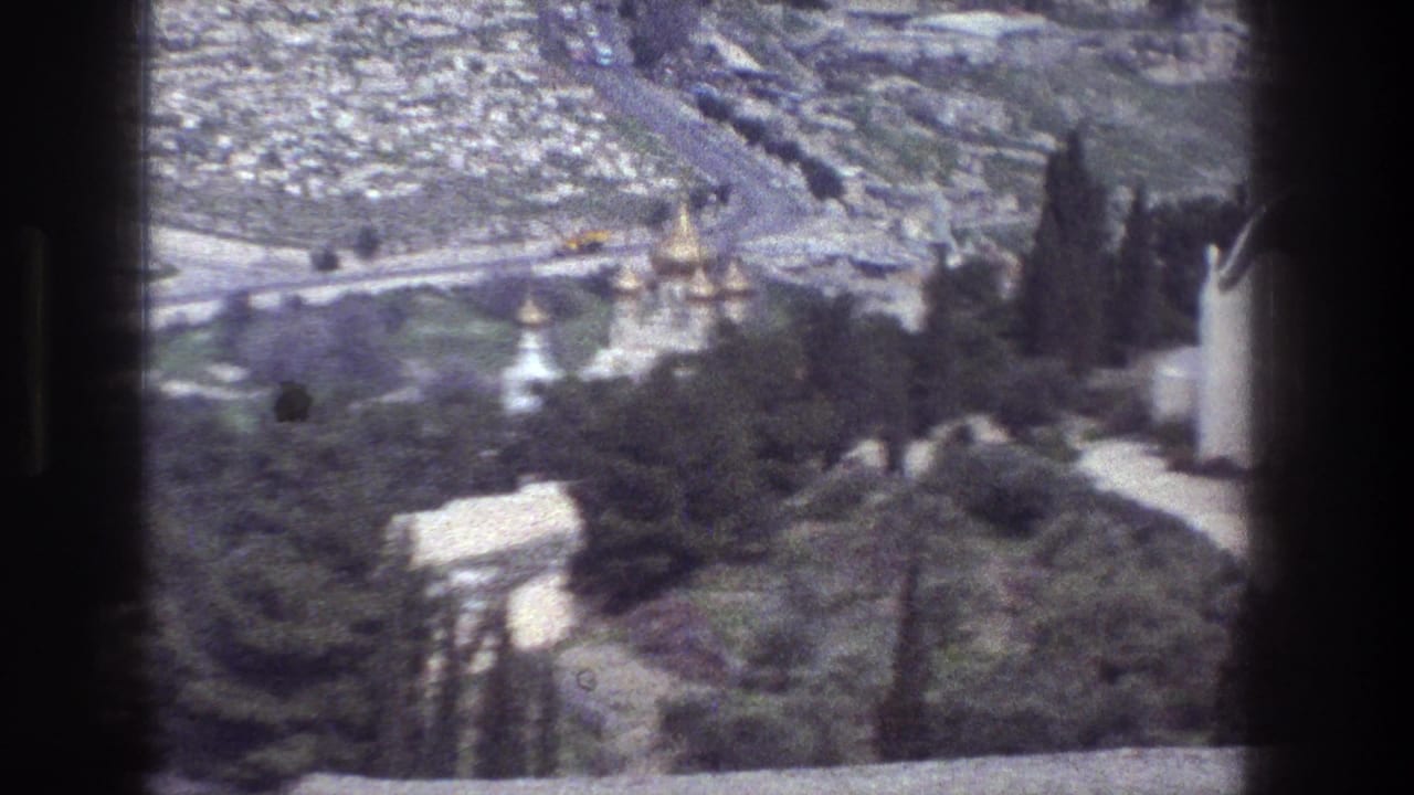 High view of domes, trees, a road and hillside buildings within a dark 8mm frame.