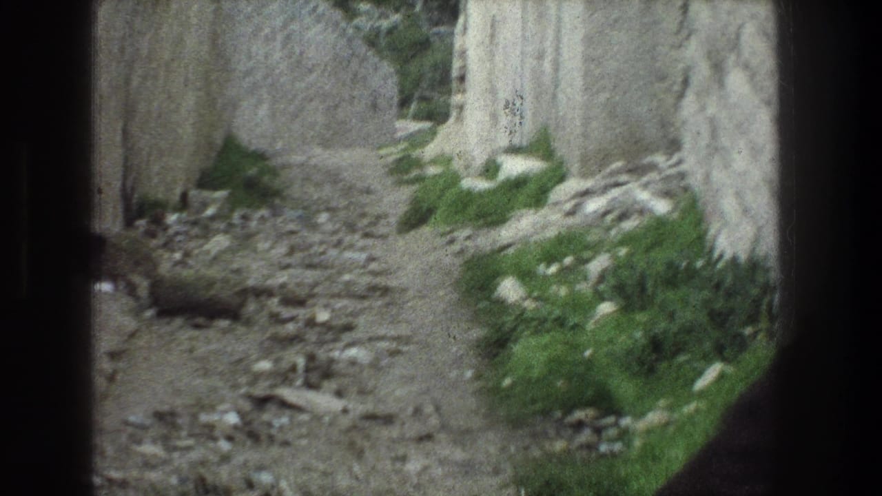 Narrow rocky path between weathered stone walls with plants along the right side.