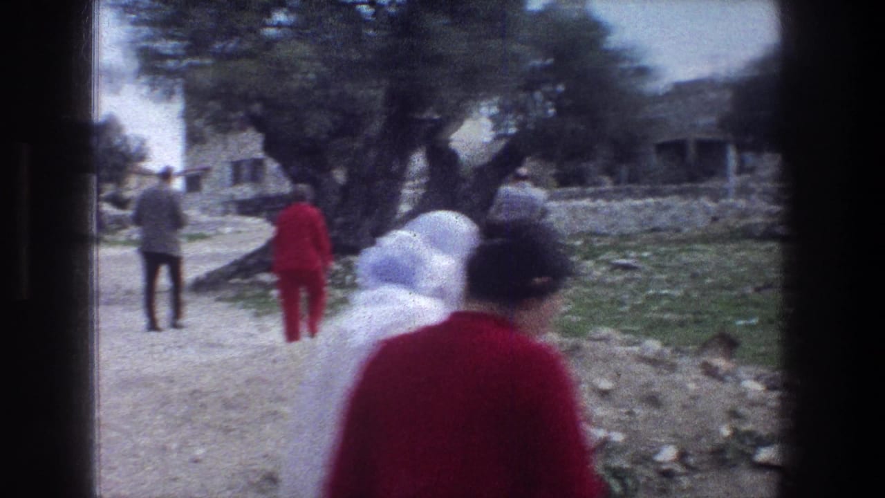 1976 Jerusalem 8mm frame showing several people walking near a rocky field, low stone walls, trees, and distant buildings.