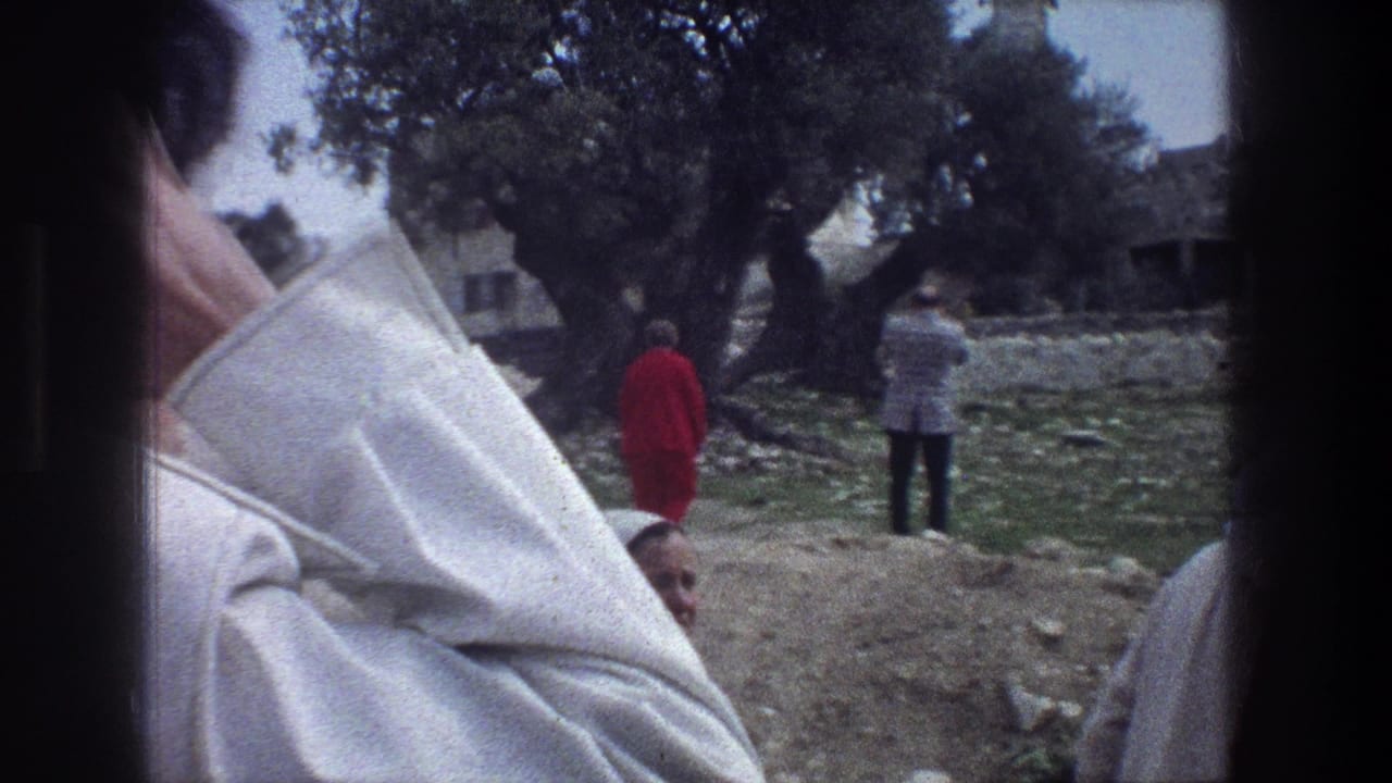 Close foreground figure near people standing by trees, rocky ground, and stone walls.