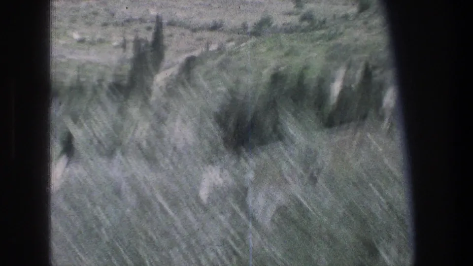 1976 Jerusalem travel frame showing motion-blurred hillside vegetation, cypress trees, and roadside landscape after passing the ornate building.
