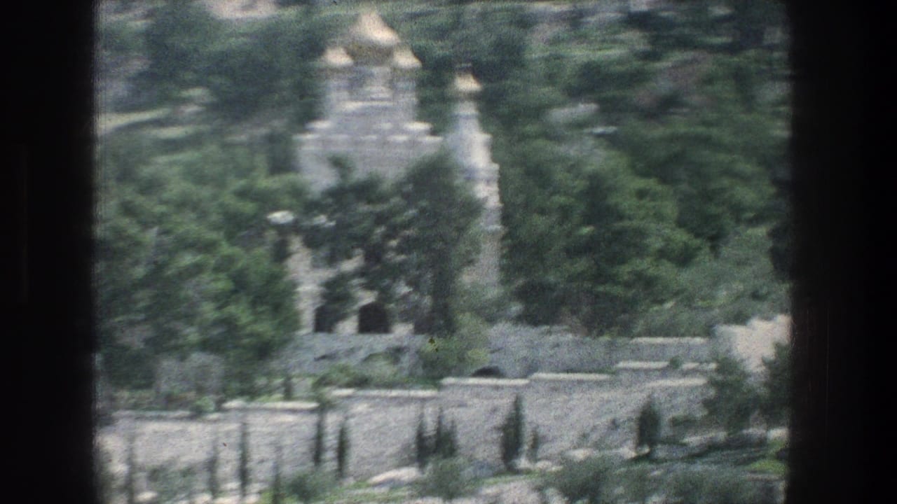 Distant white stone building with gold domes among trees, partly framed by dark foreground edges.