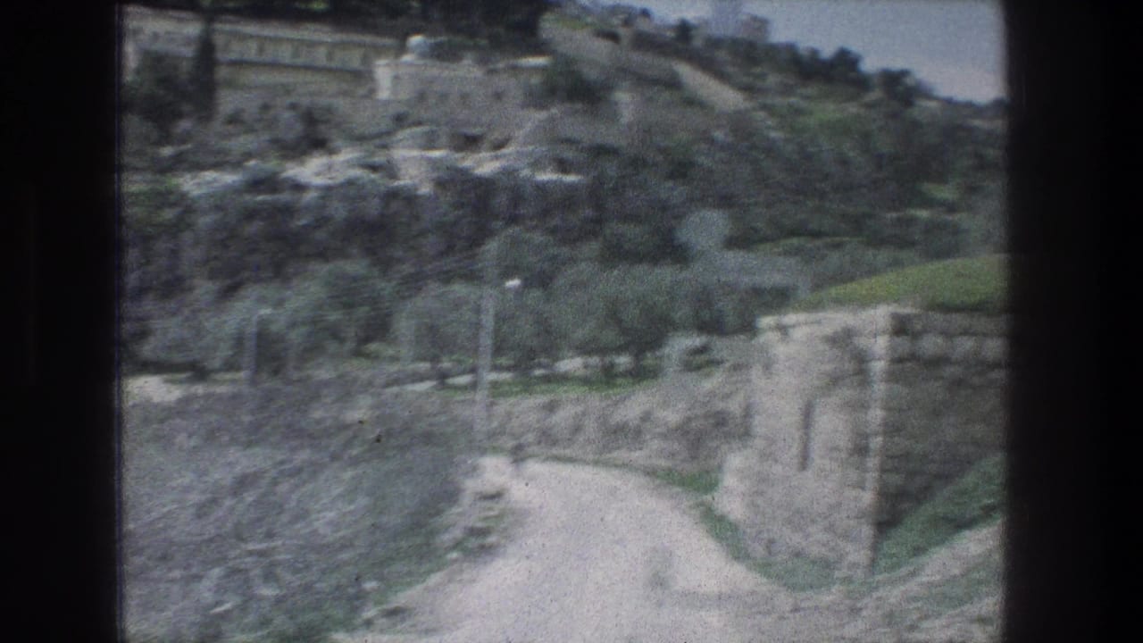 Jerusalem hillside view on 8mm film, with a pale road curving past stone walls, trees, and terraced rocky ground.