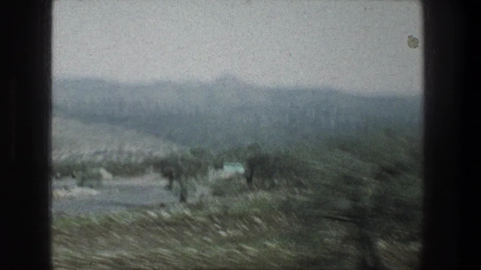 A soft 8mm frame from the 1976 Jerusalem-area travel clip, showing blurred trees, rocky ground, and distant hills through glass.