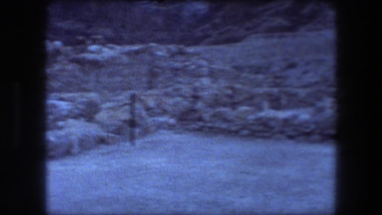 1976 8mm view of Masada stone ruins, scrubby desert ground, and distant rock slope with a blue-tinted home-movie look.